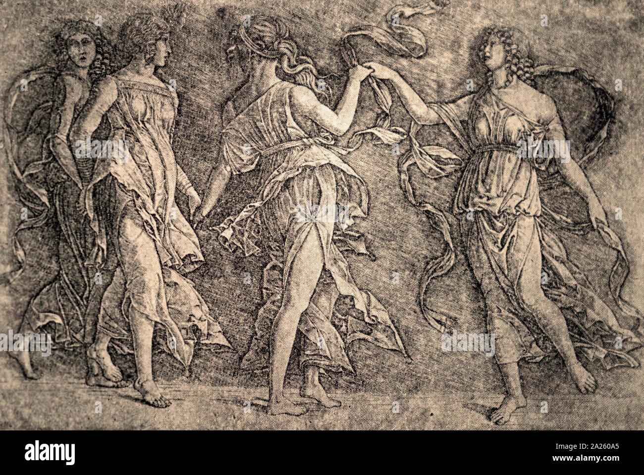 Tanzen Musen, Gravur 1497 von Giovanni Antonio da Brescia (Zoan Andrea), italienischer Kupferstecher im Norden von Italien, tätig in der ungefähre Zeitraum 1490-1519 Stockfoto