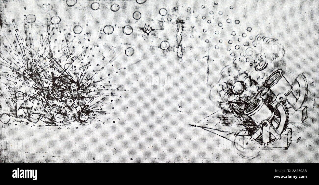 Leonardo da Vinci's Fragmentierung Bombe Mörtel oder Canon. Zeichnung im Codex Atlanticus, Folio 33r. Italienischen universalgelehrten Leonardo da Vinci (1452-1519) Stockfoto