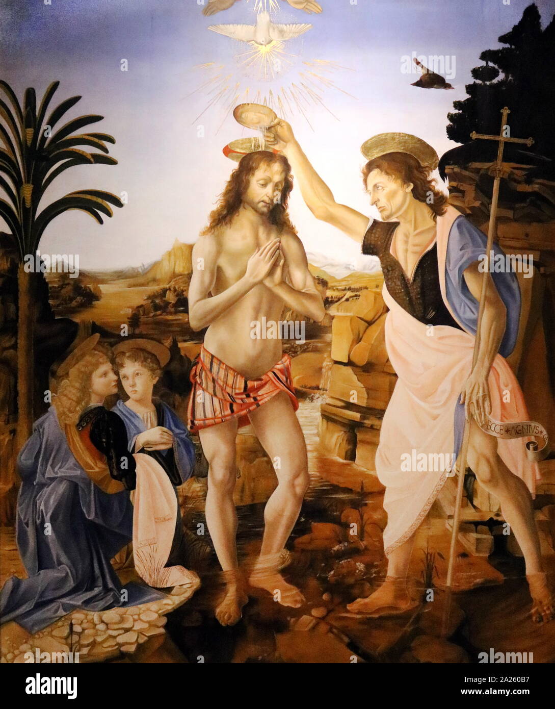 Die Taufe Christi, 1478 gemalt von dem italienischen Künstler der Renaissance Leonardo da Vinci und Andrea Del Verrocchio. Leonardo da Vinci (1452-1519), italienischer Künstler und Universalgelehrten Stockfoto