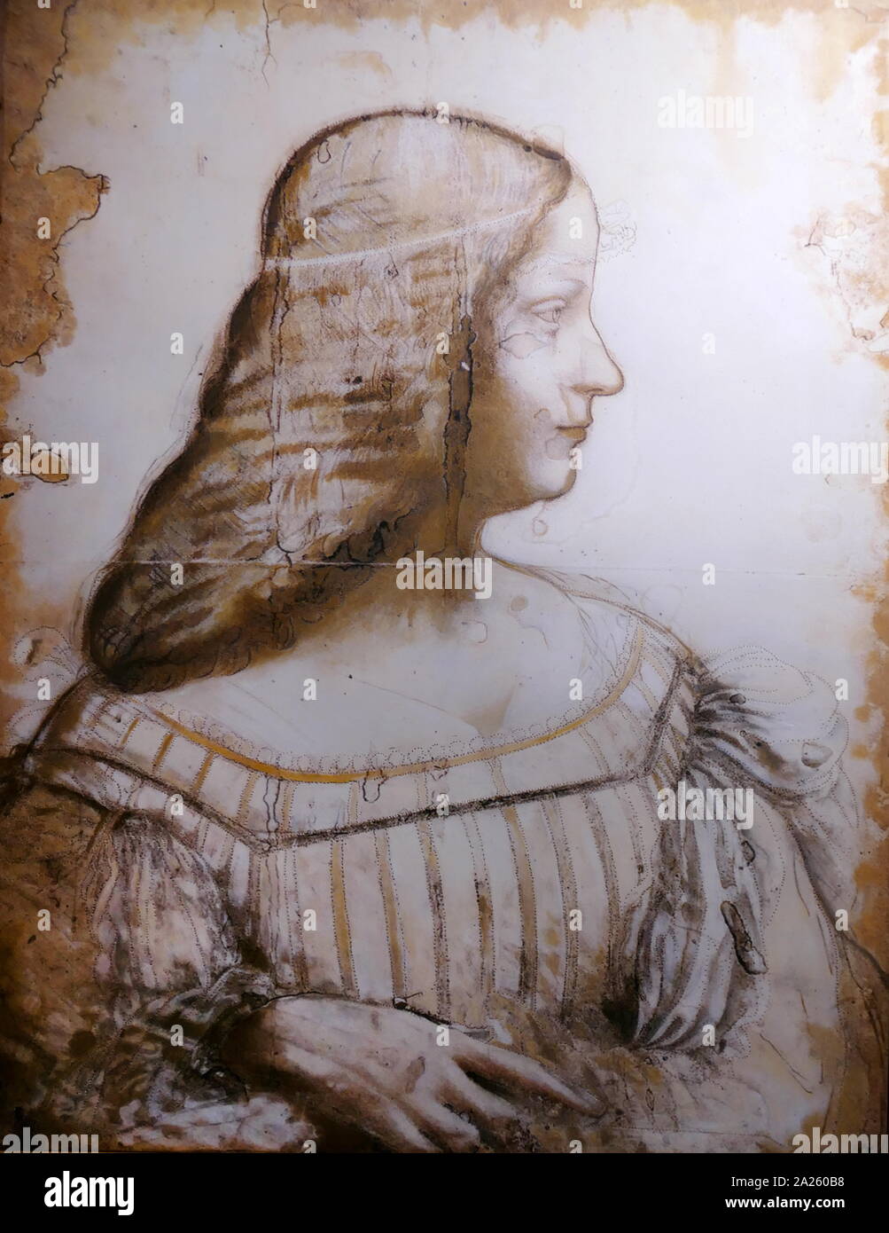 Portrait Zeichnung der Isabella d'Este, in Kohle und Pastell; 1500, von Leonardo da Vinci (1452-1519), italienischer Künstler und Universalgelehrten; Isabella d'Este (1474-1539) Marquise von Mantua; eine der führenden Frauen der italienischen Renaissance als wichtige kulturelle und politische Persönlichkeit. Stockfoto