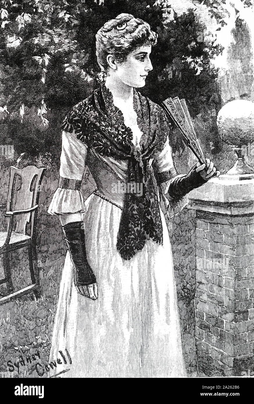 Eine Gravur, eine junge Frau in einem lace Shawl verwendet einen Lüfter, um sich abzukühlen. Vom 19. Jahrhundert Stockfoto
