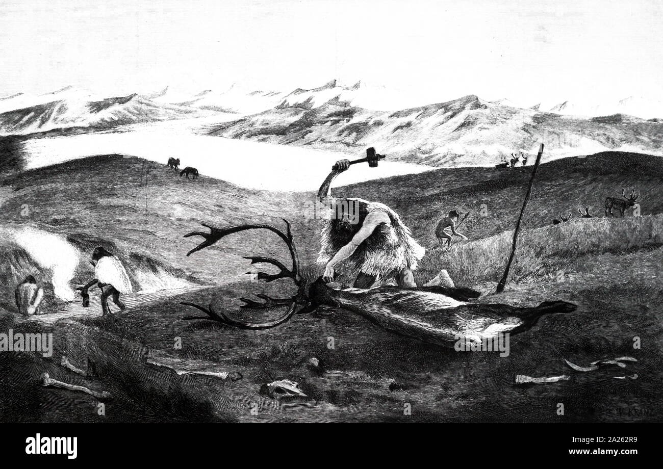 Ein kupferstich mit der Darstellung eines Steinzeitmenschen Schlachten ein Tier mit einer Axt, vermutlich ein feuerstein, montiert in einem Holzgriff. Vom 20. Jahrhundert Stockfoto