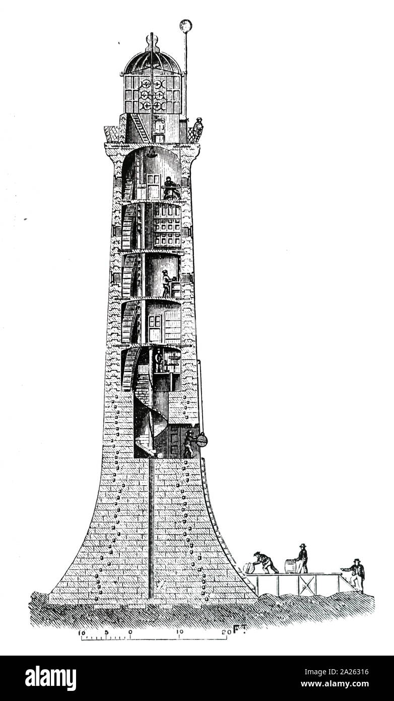 Ein Schnittbild des Bell Rock Leuchtturm, vor der Küste von Angus, Schottland, entworfen von Robert Stevenson. Robert Stevenson (1772-1850) eine schottische Bauingenieur und berühmten Konstrukteur und Erbauer der Leuchttürme. Vom 19. Jahrhundert Stockfoto