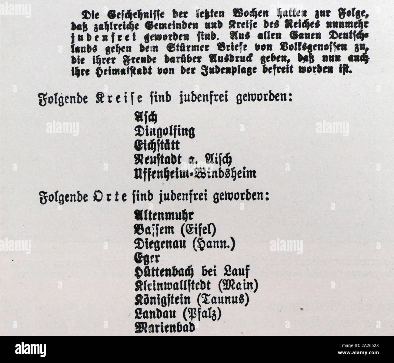 Der sturmer', Dezember 1938, veröffentlicht eine Liste der kleinen Gemeinschaften in ganz Deutschland waren Judenfrei. (Juden) Stockfoto