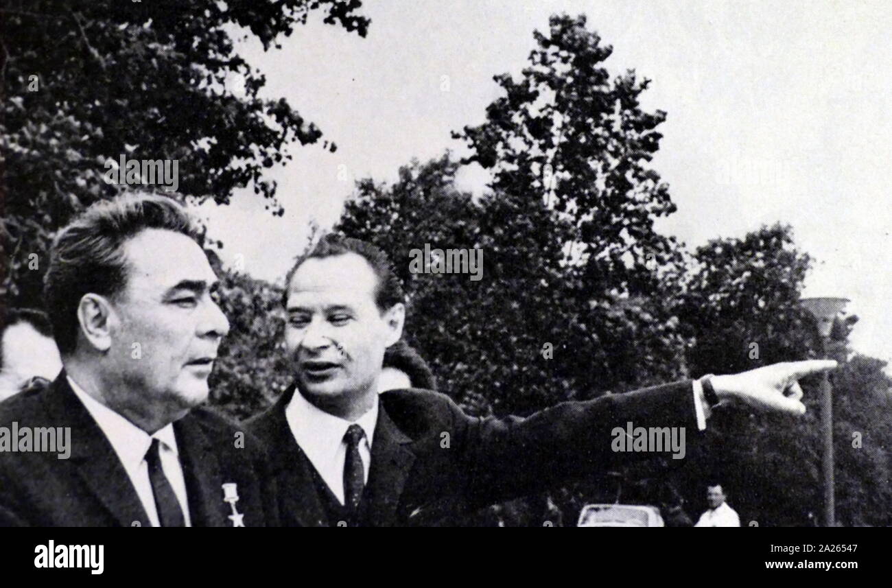 1968, vom 29. Juli bis 1. August 2005, den sowjetischen und tschechoslowakischen Führern Leonid Breschnew und Alexander Dubcek met in Cierna-nad-Tisou, Slowakei. Diese Sitzung wurde von der Invasion des Warschauer Pakts in die Tschechoslowakei am 20. August 1968. Stockfoto