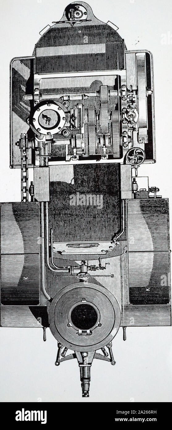 Eine Gravur, ein Plan der französischen Zugmaschine mit einer vertikalen Kessel und senkrechter Zylinder. Entworfen und von Lotz von Nantes gebaut. Vom 19. Jahrhundert Stockfoto