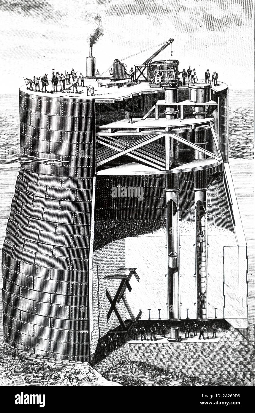 Schnittansicht des Caisson beim Bau der Forth Bridge, Schottland, 1890 verwendet Stockfoto
