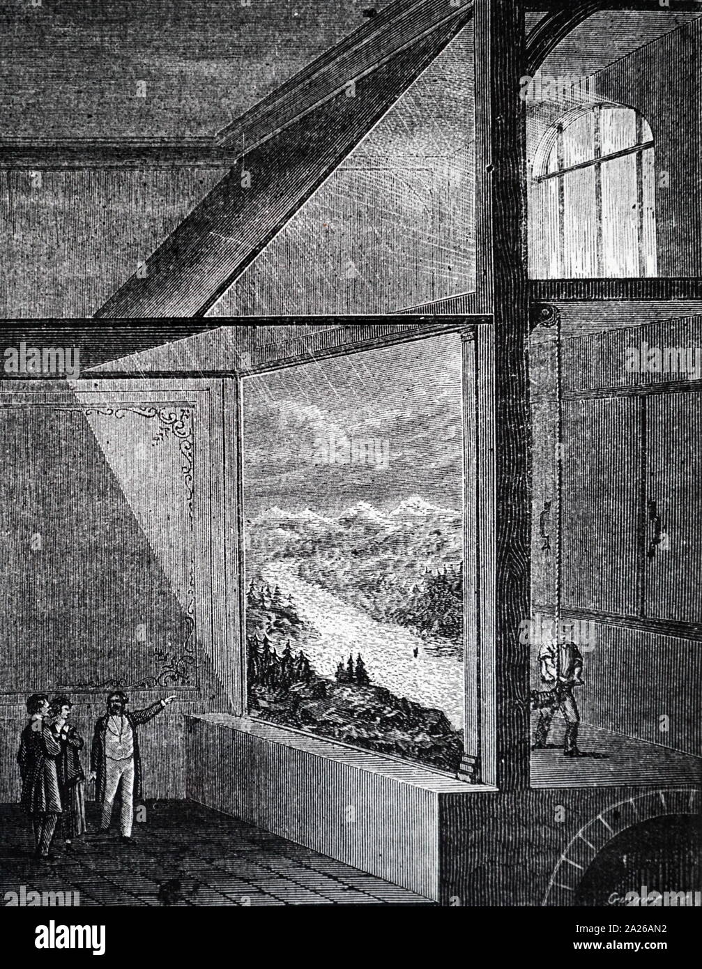 Abbildung: Diorama von Louis Daguerre (1787 - 1851), französischer Künstler und Fotograf, für seine Erfindung der Daguerreotypie Prozess der Fotografie anerkannt. Er wurde als einer der Väter der Fotografie bekannt. Obwohl er vor allem berühmt für seine Verdienste um die Fotografie ist, er war auch ein begabter Maler und ein Entwickler des Dioramas Theater. Stockfoto
