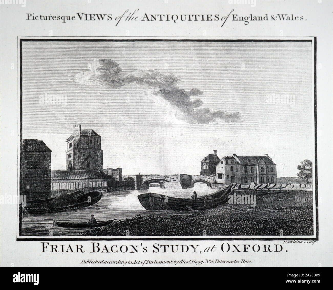 Ein Kupferstich kommentiert Roger Bacons Studium in Oxford. Vom 18. Jahrhundert Stockfoto