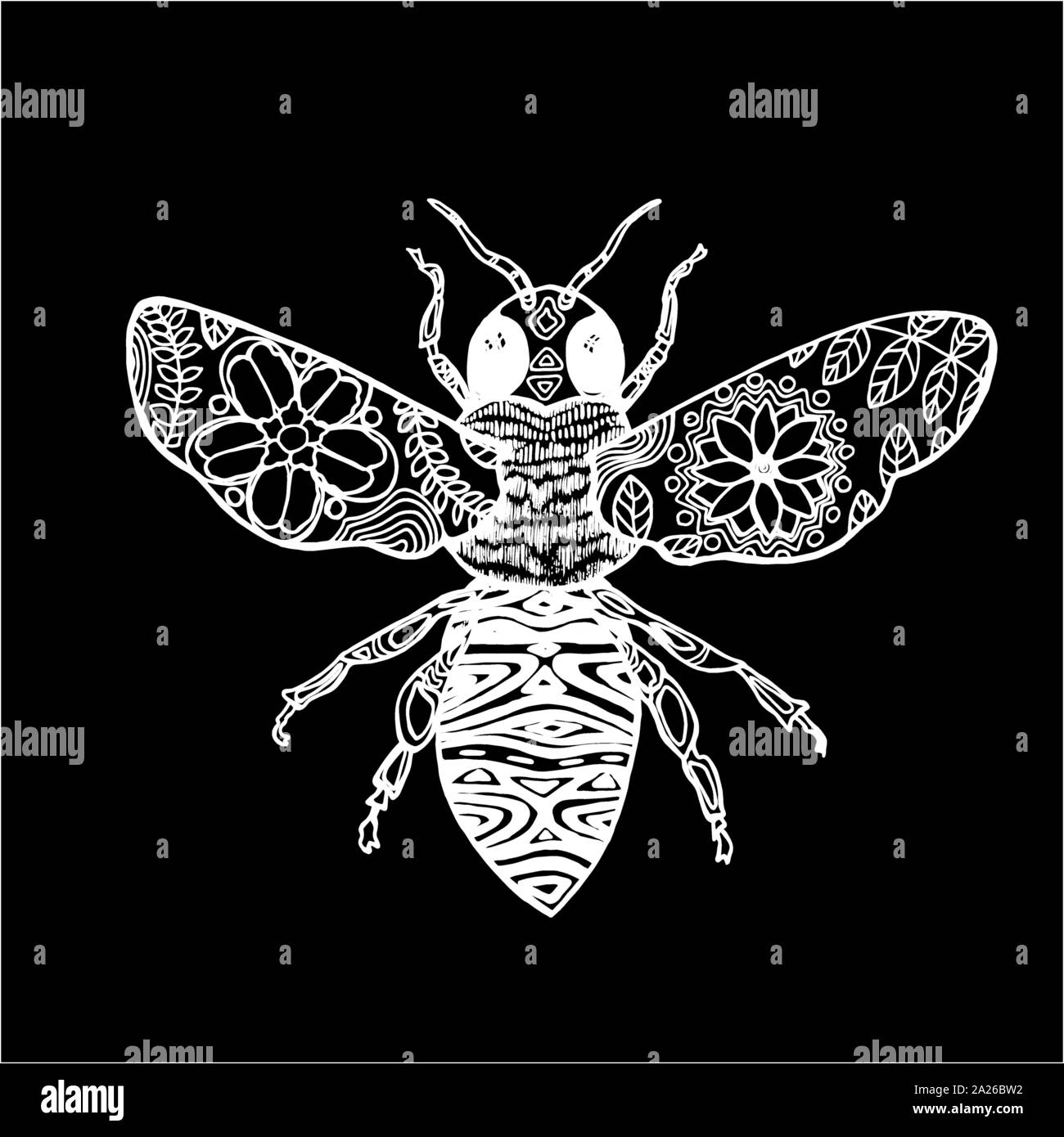Zentangle Stil. Schwarz-weiß illustration eines kosmischen Biene. Kreide auf einer Tafel. Stock Vektor