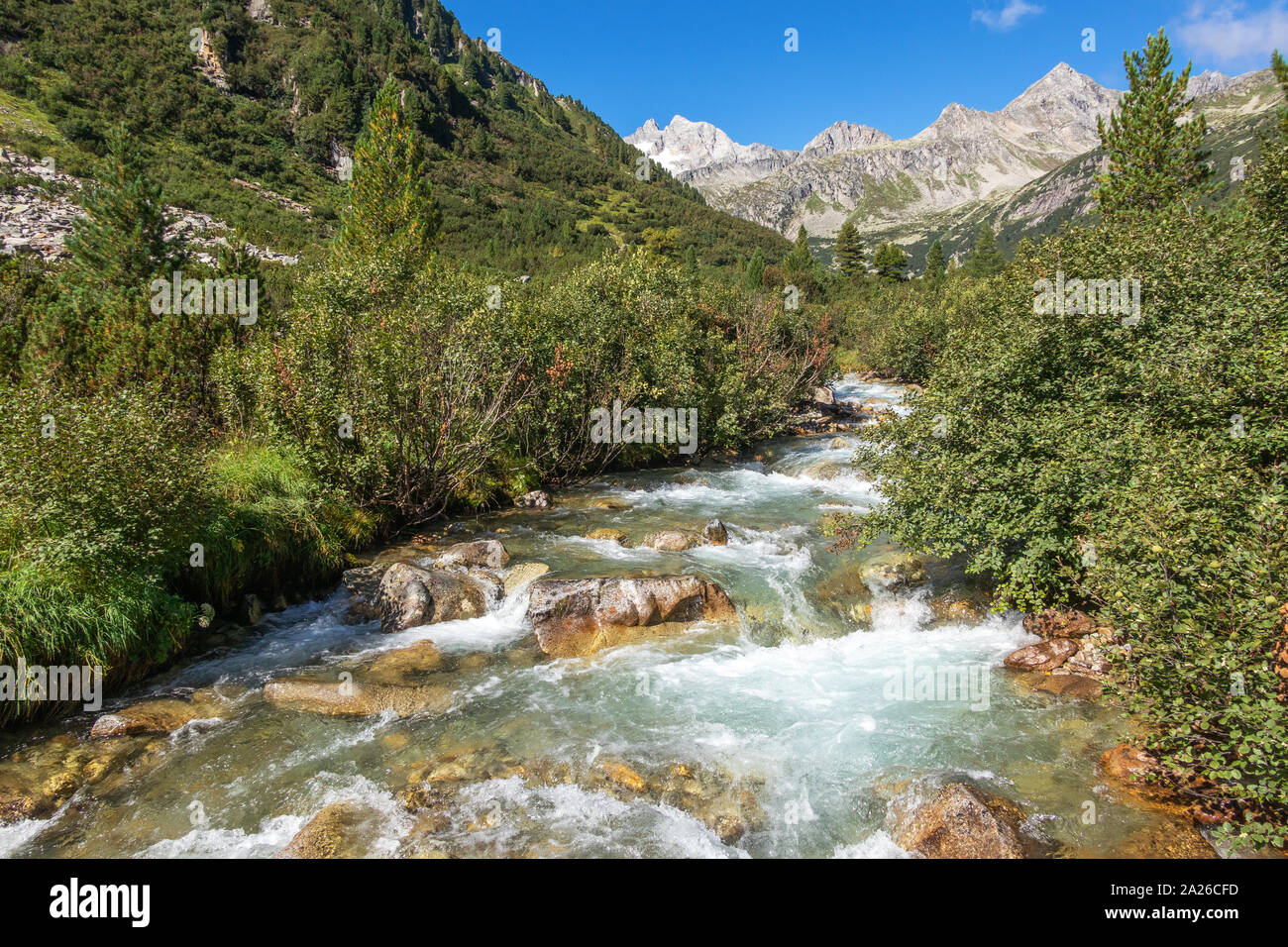 Rainbachtal alpine Landschaft, ein Seitental des Krimmler Achentals. Nationalpark Hohe Tauern. Österreichische Alpen. Europa. Stockfoto