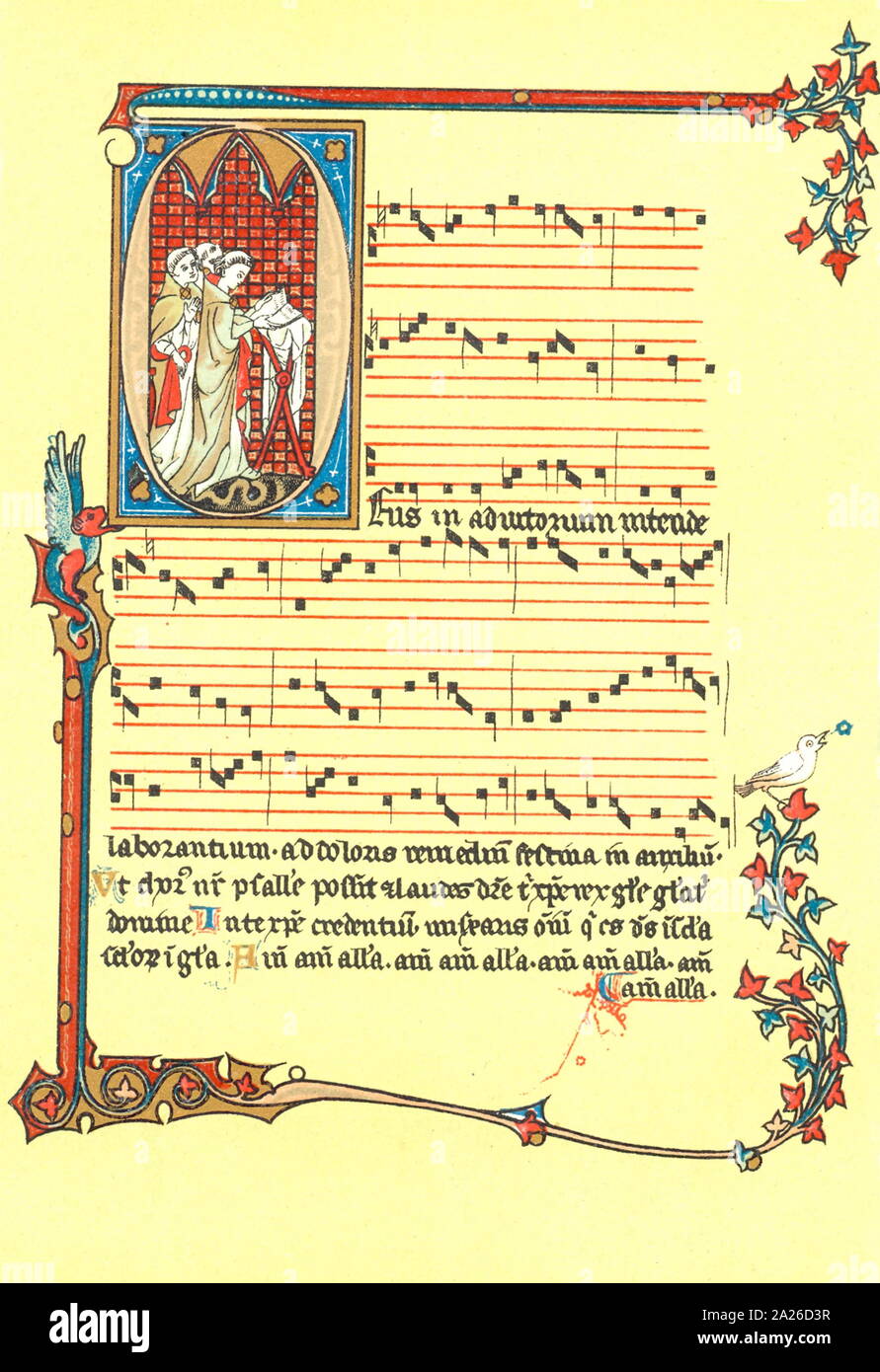 Seite aus dem Codex Montpellier, eine Sammlung von 13.-14. Jahrhundert Musikhandschriften der Notre Dame (Alte Französische) Schule von Paris. Seite der Musik dekoriert mit Anfangsbuchstaben O umschließenden Mönche Gesänge aus einem antiphonal. Der gregorianische Choral oder plainsong, die älteste Musik der Christlichen Kirche Stockfoto