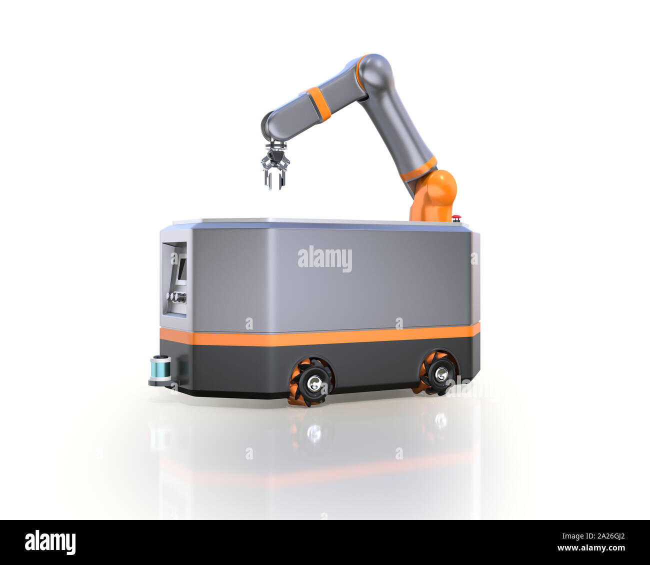 Mobile Roboter AGV auf weißem Hintergrund. 3D-Bild. Stockfoto