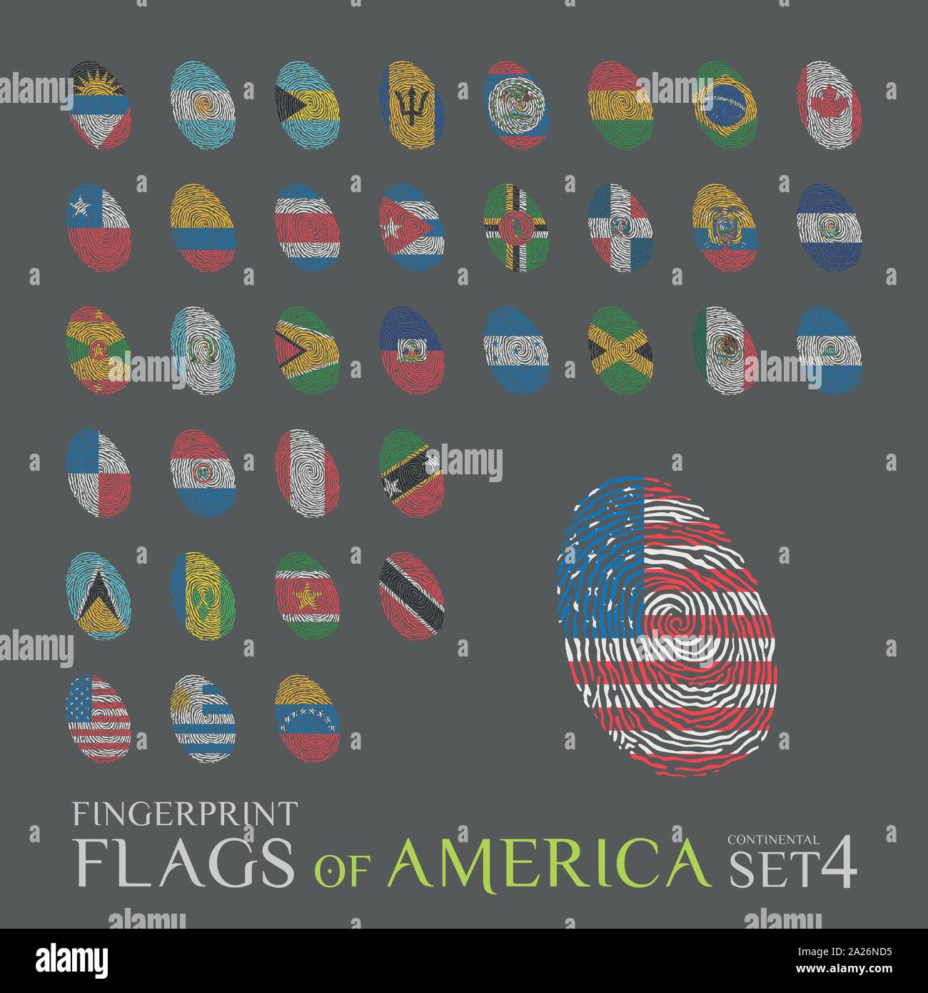 Satz von 35 Fingerabdrücke mit den nationalen Flaggen der Länder von Amerika. Icon Set Vector Illustration. Stock Vektor