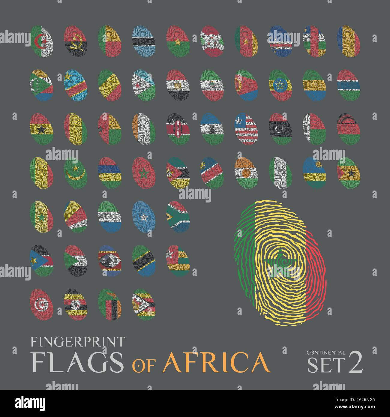 Set aus 54 farbigen Fingerabdrücken mit den nationalen Flaggen der Länder Afrikas. Icon Set Vector Illustration. Stock Vektor
