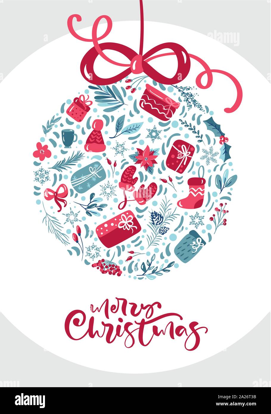 Frohe Weihnachten kalligrafische Schriftzüge Hand geschriebenen Text. Grußkarte Design mit floralen Ball mit Xmas-Elemente. Moderne Winter Postkarte Stock Vektor