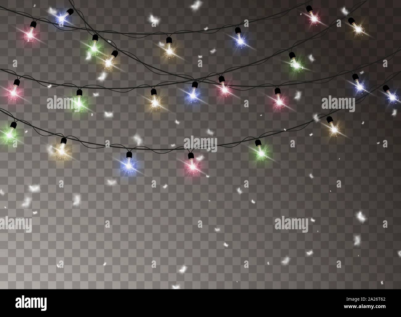 Einstellen der Weihnachtsbeleuchtung isoliert realistischen Design Elemente. Weihnachten Schnee für das neue Jahr. Leuchtende Lichter für Weihnachten Weihnachtskarten, Banner, Poster, Stock Vektor