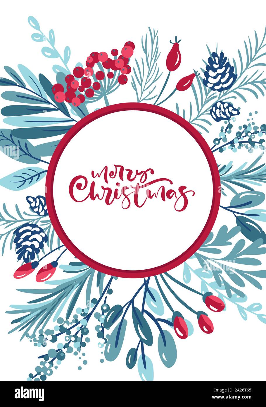 Frohe Weihnachten kalligrafische Schriftzüge Hand geschriebenen Text. Grußkarte Design mit Blumen und Beeren xmas-Elemente. Moderne Winter Postkarte Stock Vektor