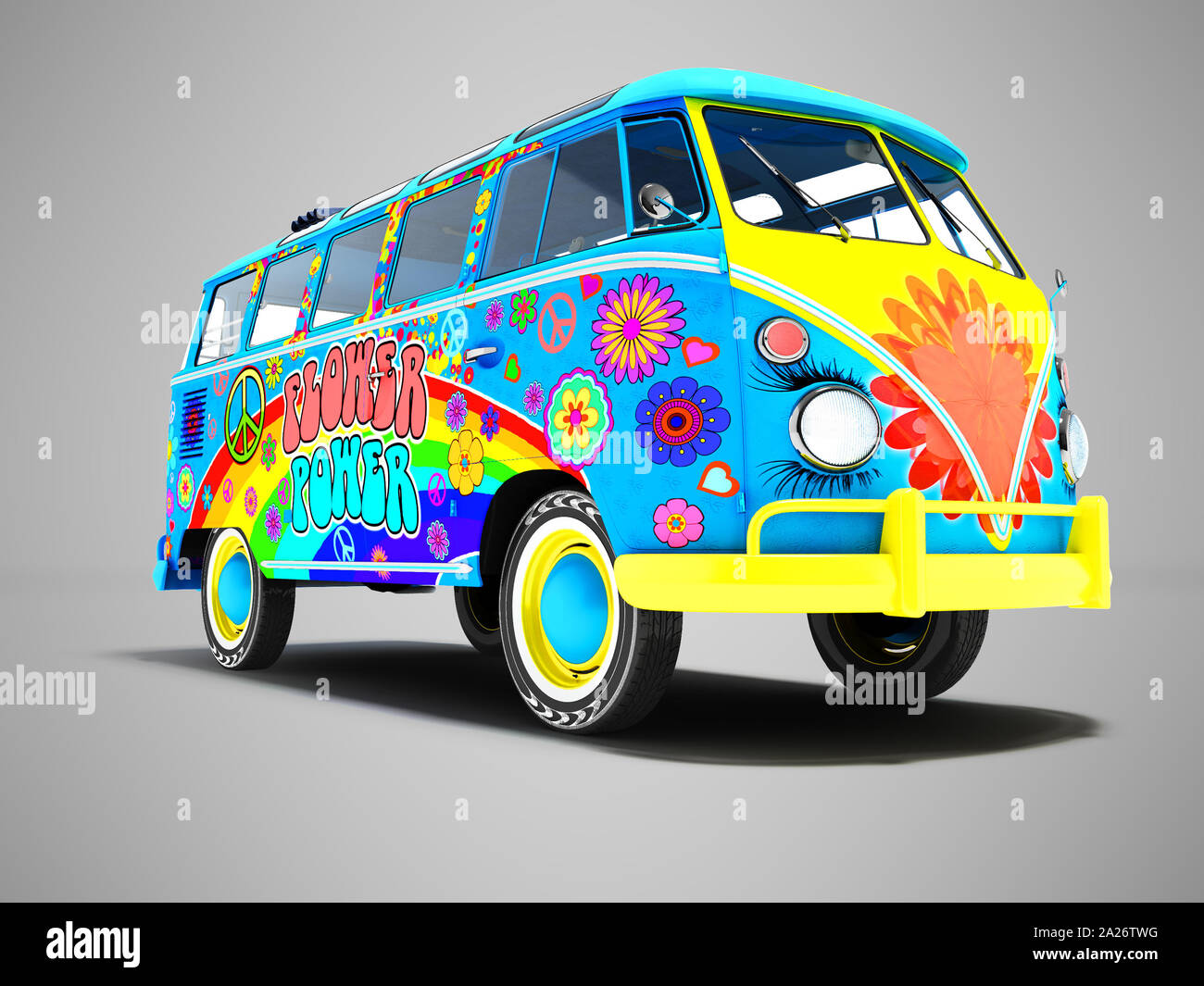 Blau Sommer retro van in Farben und Rainbow 3D-Render auf grauem Hintergrund mit Schatten Stockfoto