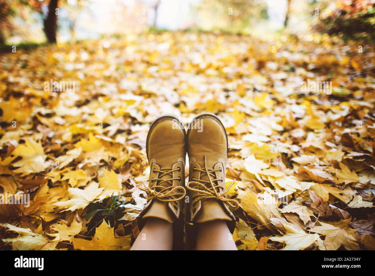 Herbst Hintergrund mit Frau Beine in Stiefeln auf der Blätter im Herbst. Stockfoto