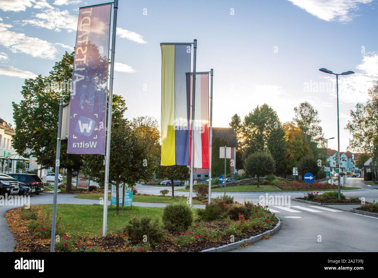 Kreisverkehr, Kreisverkehr in Weitra, der ältesten Stadt Österreichs Brauer Stockfoto