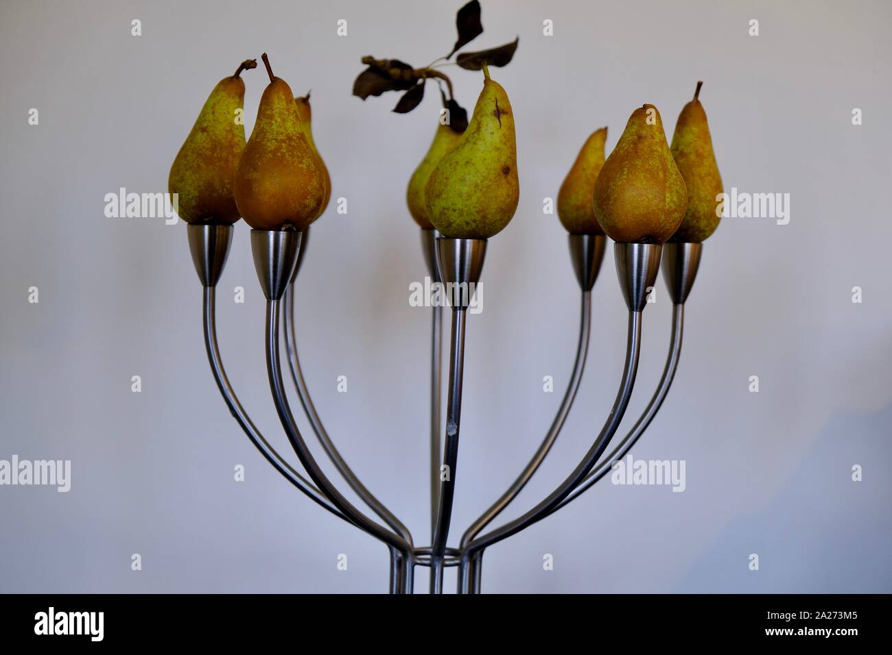 Birnen, die auf einem Kerzenleuchter ruhen Stockfoto