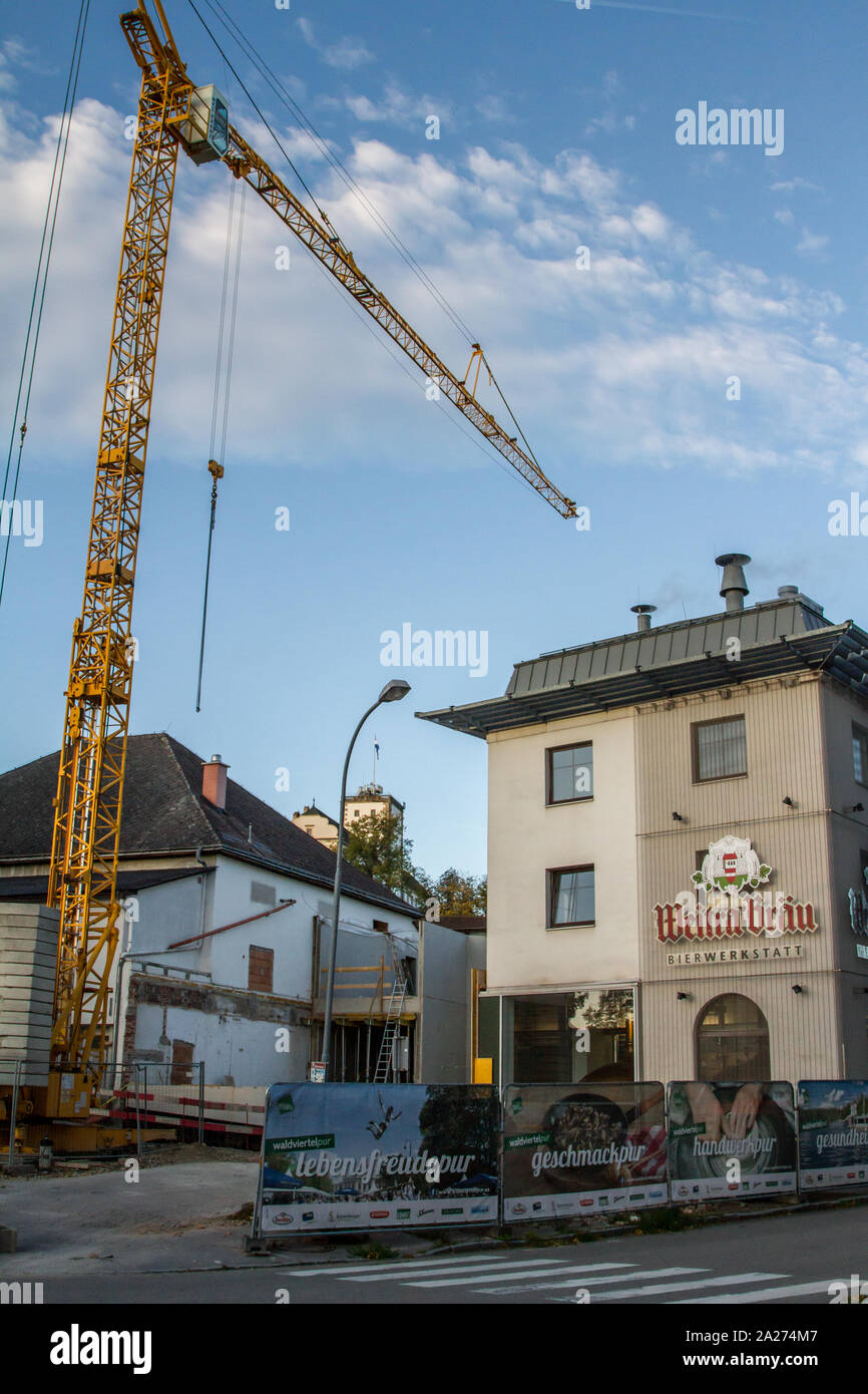 Bauarbeiten an der Brauerei in Weitra, in der ältesten Brauerei der Stadt in Österreich Stockfoto