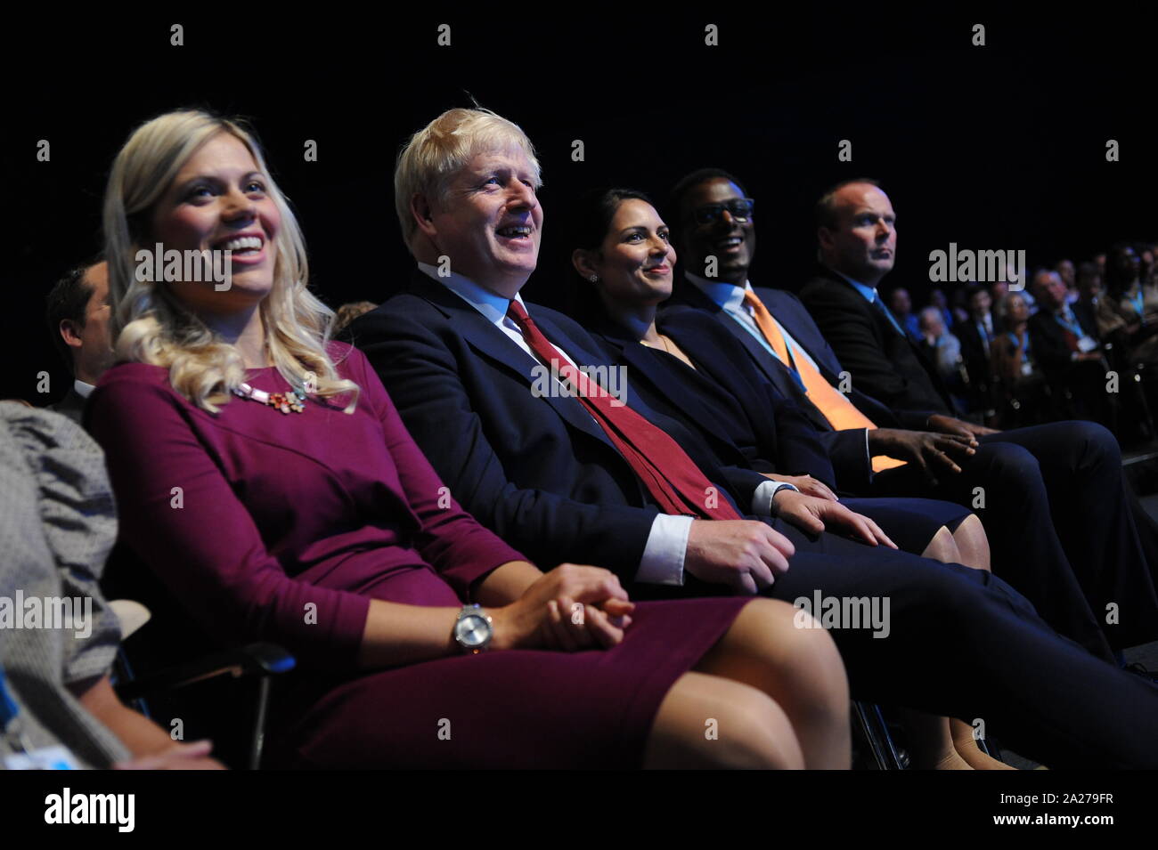 Manchester, England. 30 September, 2019 (Mitte) Boris Johnson, Premierminister, hören auf die Grundsatzrede auf der Konferenz von Sajid Javid, Chanc Stockfoto