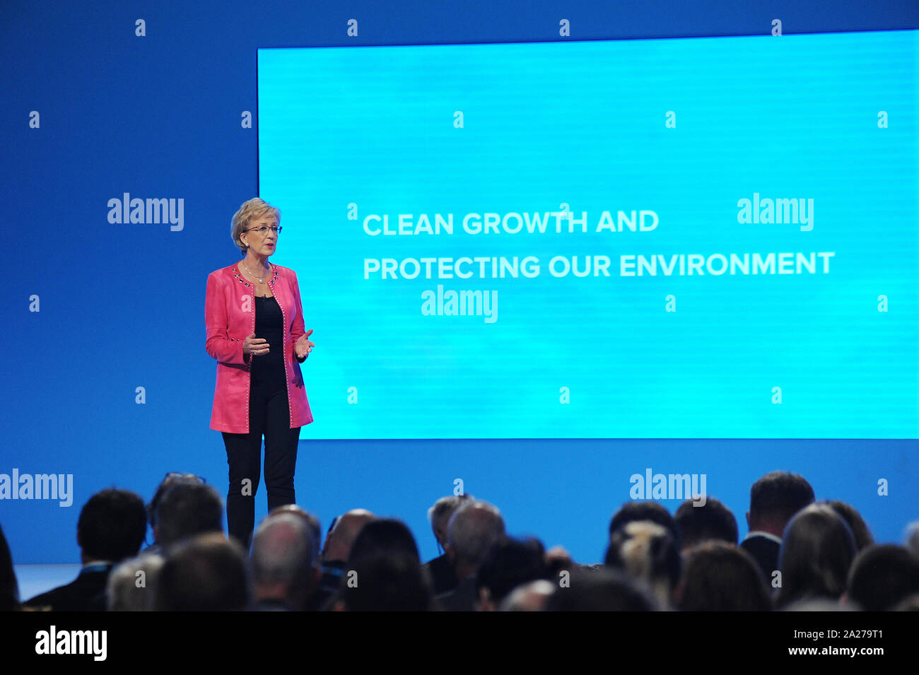 Manchester, England. 30 September, 2019 Andrea Leadsom MP, Staatssekretär für Wirtschaft, Energie und industrielle Strategie, liefert der Rede Stockfoto
