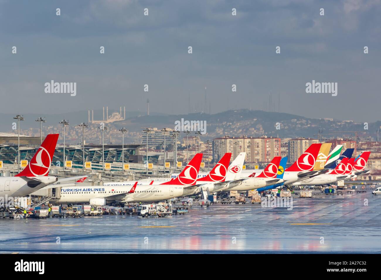 Istanbul, Türkei - 15 Februar 2019: Verschiedene Flugzeuge Flugzeug am Flughafen Istanbul Atatürk (IST) in der Türkei. | Verwendung weltweit Stockfoto