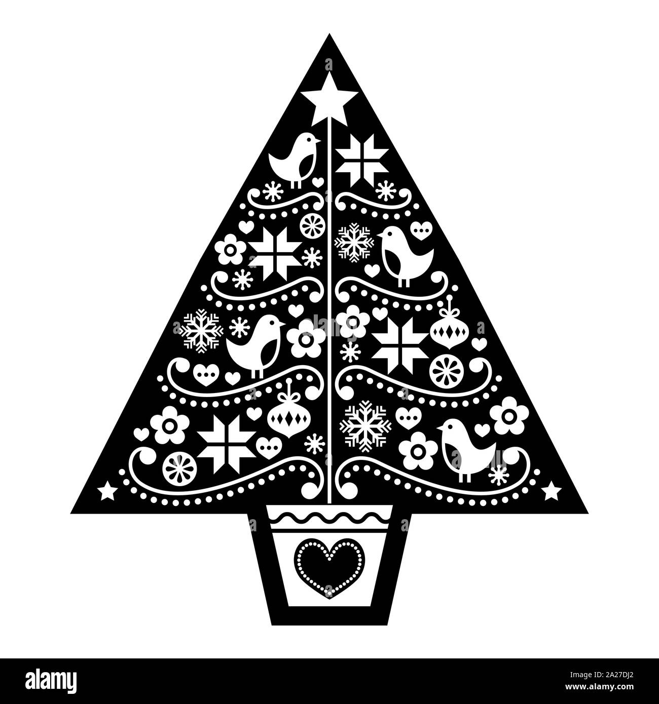 Weihnachtsbaum Volkskunst vektor design - Skandinavische schwarz-weißen Muster mit Vögeln, Blumen und Schneeflocken Stock Vektor