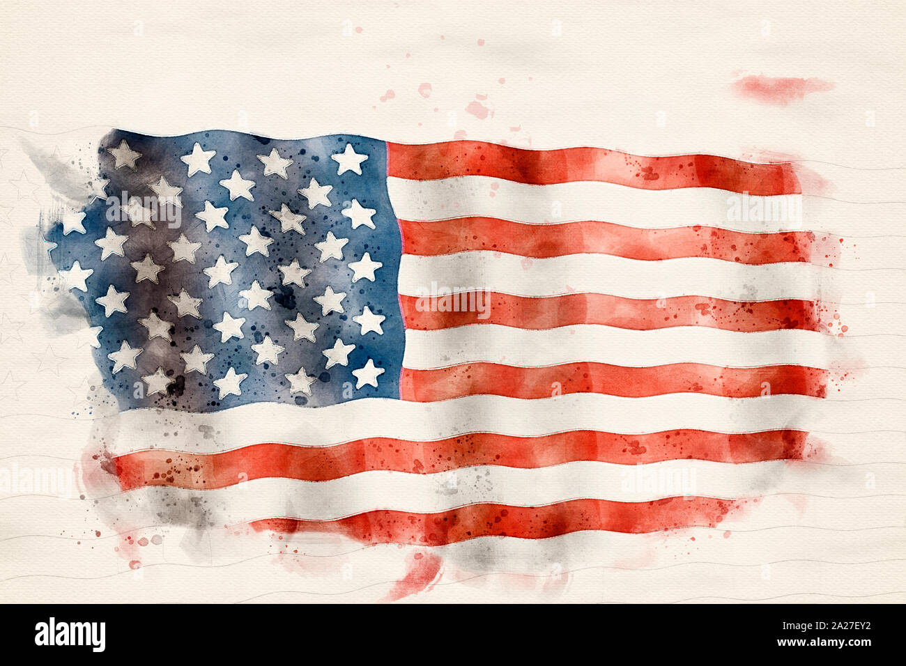 American USA wehende Flagge in der Aquarellmalerei. Stockfoto