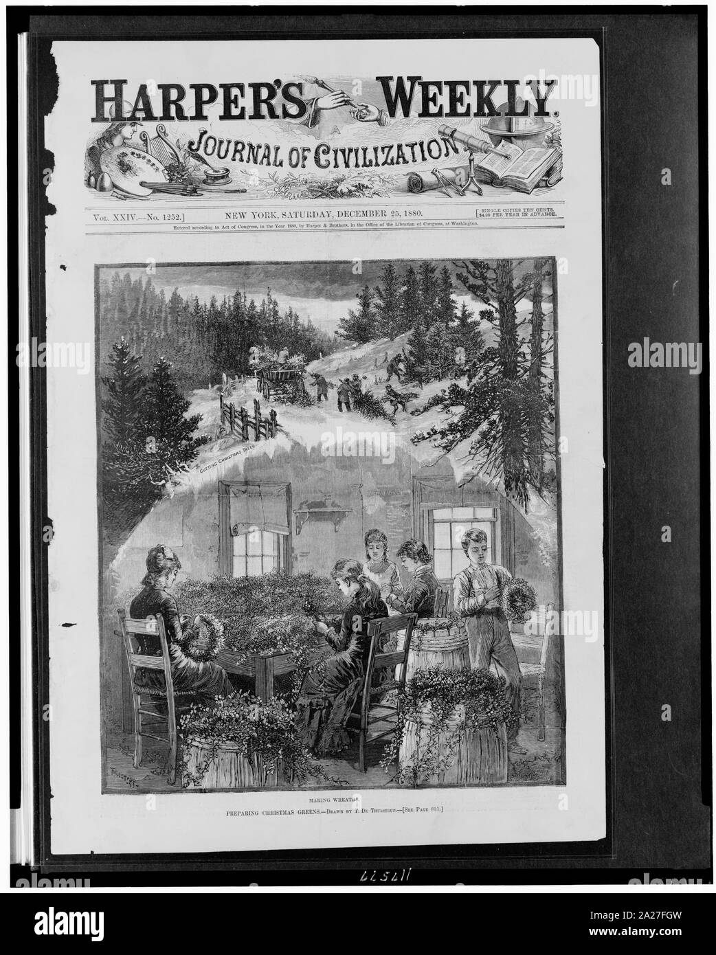 Vorbereitung Weihnachten Grüns - die Kränze/gezeichnet von T. de Thulstrup. Stockfoto