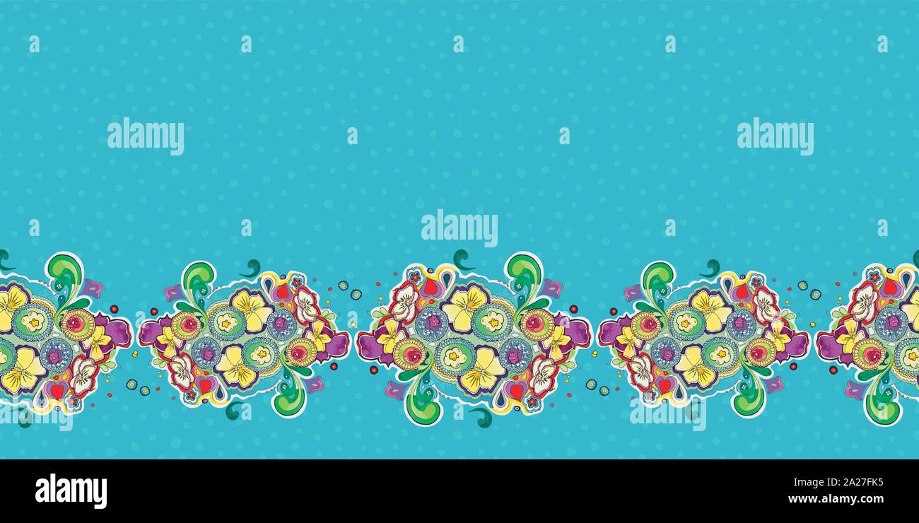 Die nahtlose Vektor folk art floral retro Grenze mit Handgemalten Aquarell Blumen, Kuchen und Pansy auf blau gepunkteten Hintergrund. Ideal für Geburtstag, Hochzeit, Muttertag und Ostern. Stock Vektor