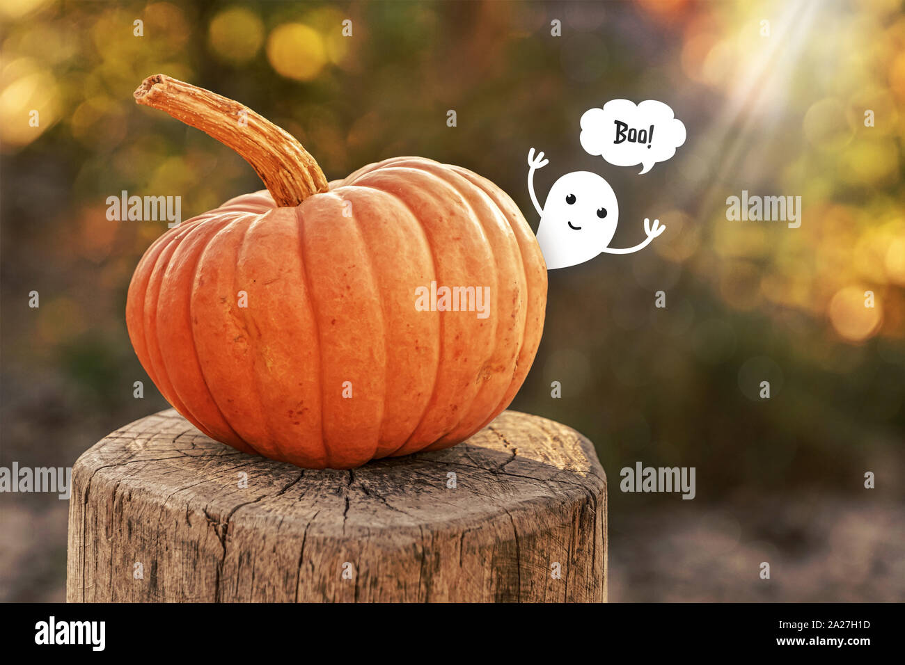 Ein niedliches Gespenst versteckt hinter dem Kürbis heraus springt und schreit Buh! Stockfoto