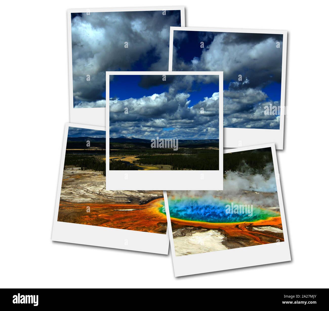 Film frames Polaroid von Grand Prismatic Pool im Yellowstone National Park mit blauem Himmel und Puffy Clouds Stockfoto