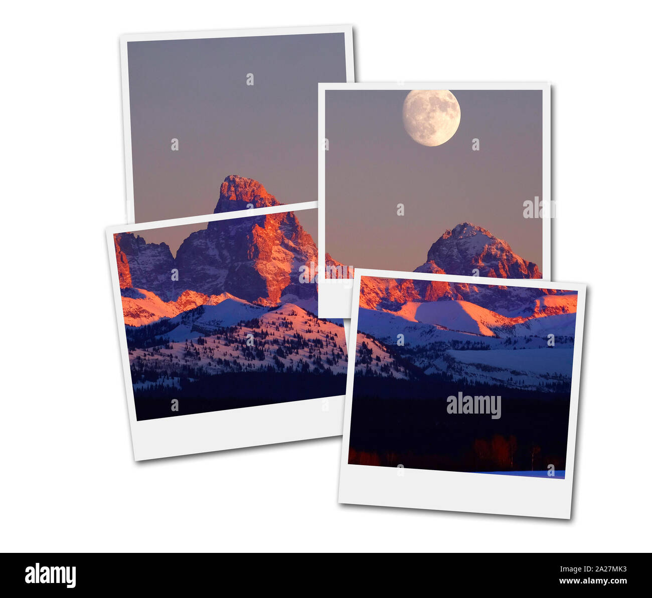 Film frames Polaroid Sonnenuntergang Licht mit Alpen Glühen auf Tetons Teton Berge robust mit Mond Stockfoto