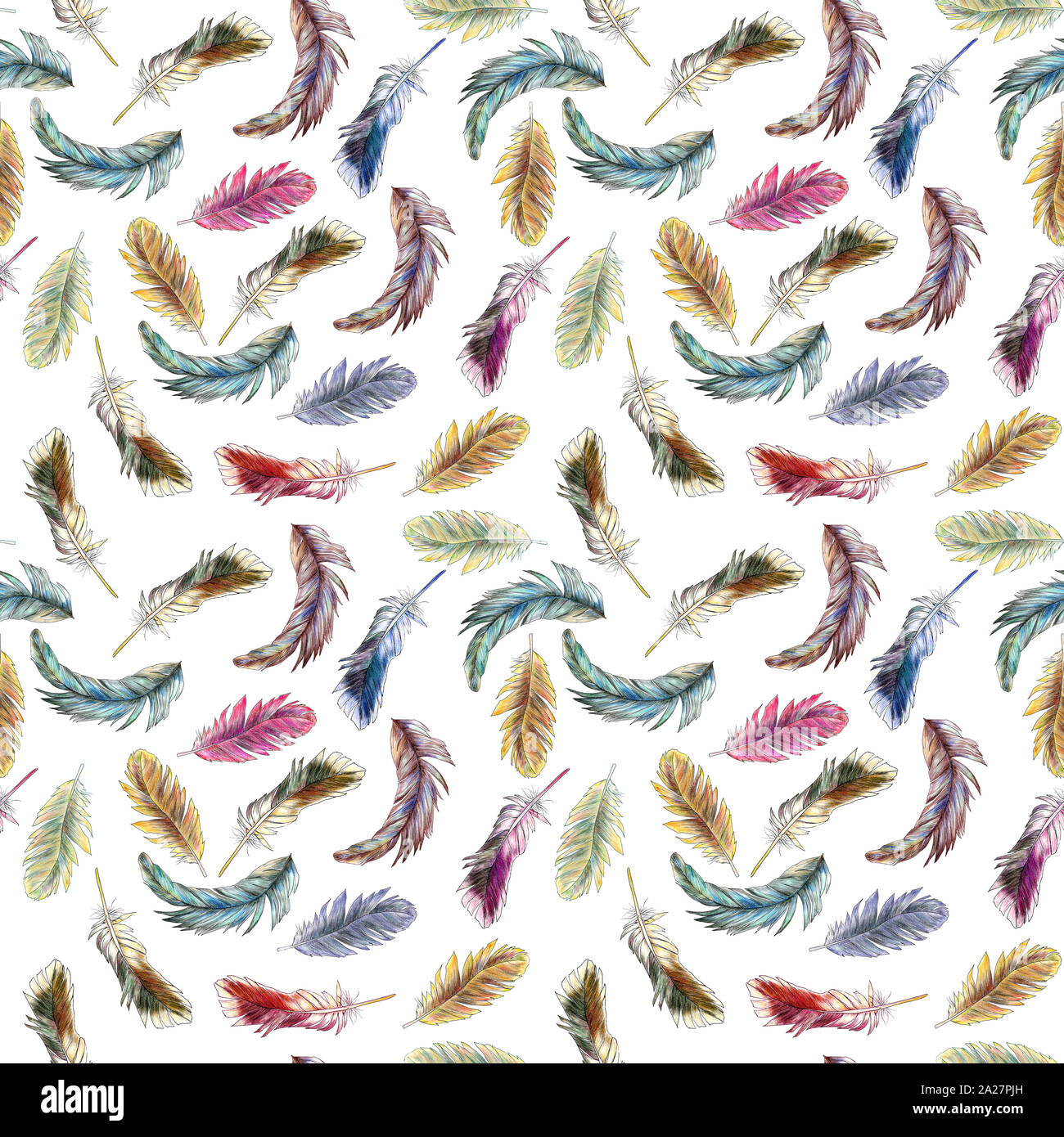 Nahtloses Muster farbiger Federn, die in Wasserfarben lackiert sind. Bild für Tapete, Textil, Geschenkpapier, Sammelpapier, Geschenkbeutel Stockfoto