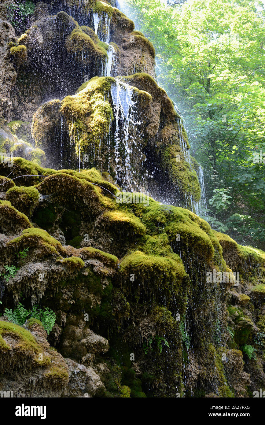 Moss-Covered Wasserfall oder Grande Cascade im Garten oder das Grundstück des Musée Promenade oder Natural History Museum Digne-les-Bains Provence Frankreich Stockfoto