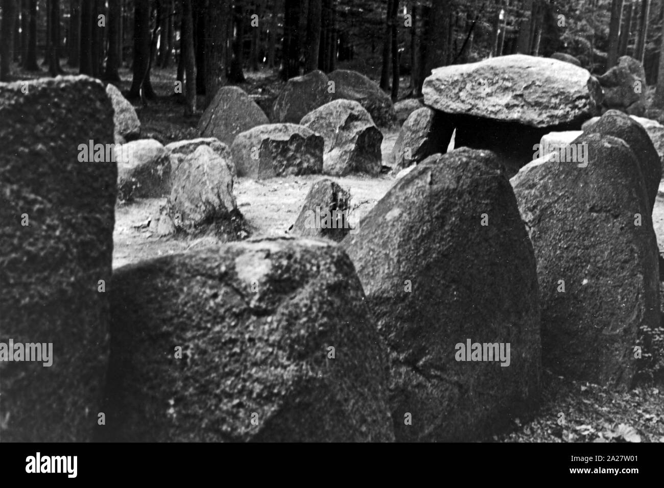 De hoogen Steener, Hünengrab bei Behrens, Niedersachsen, 1950er. De hoogen Steener, megalithischen Struktur in der Nähe von Behrens, Niedersachsen, 1950. Stockfoto