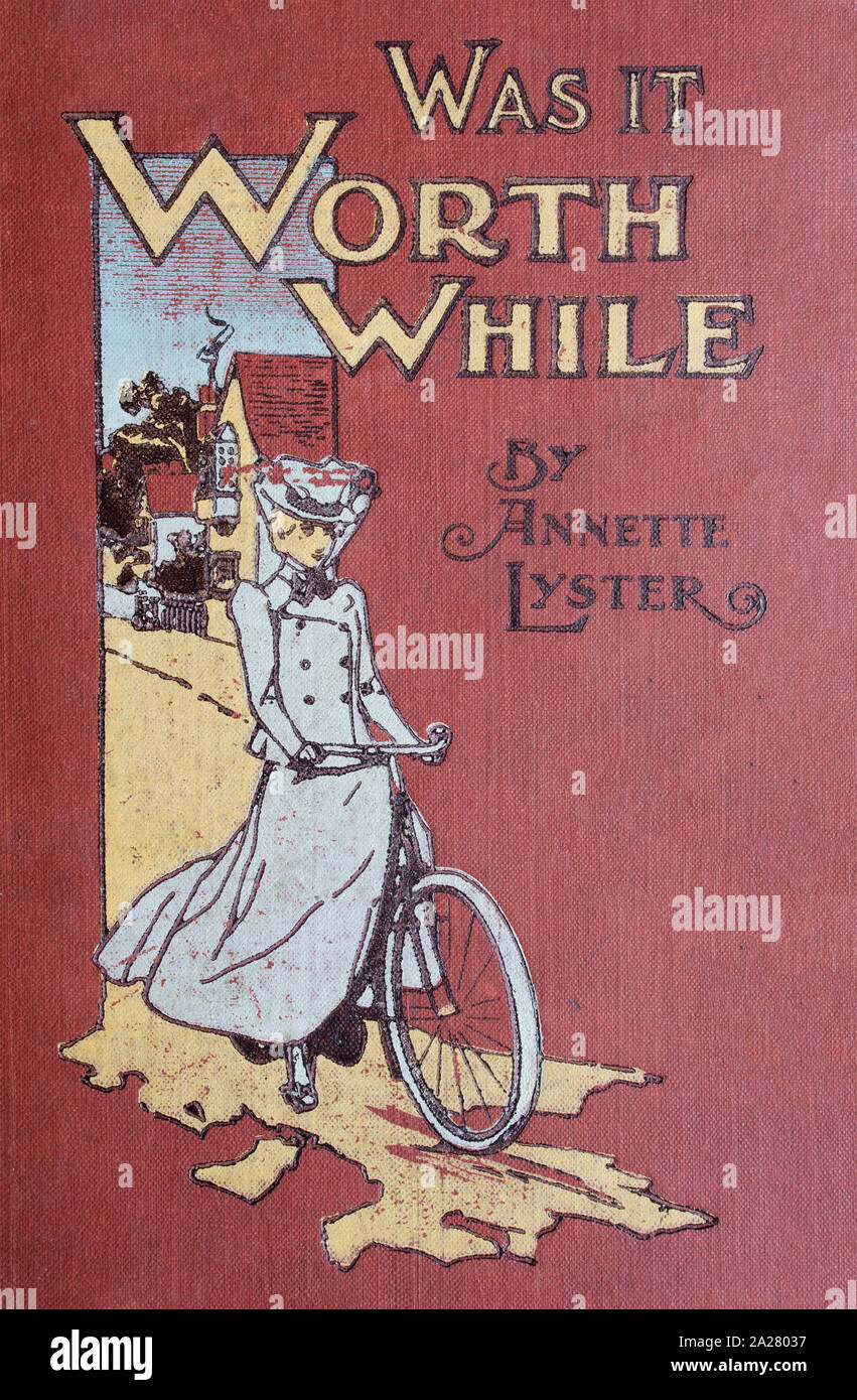 Was IT Worth While von Annette Lyster (1902); dunkelroter Bezug mit schickem Design einer Frau auf dem Fahrrad. Stockfoto