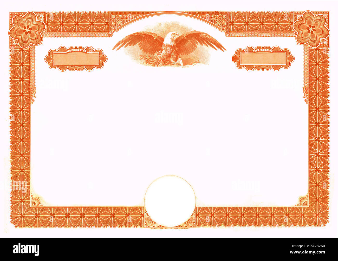 Leere Aktienzertifikat orangefarbenen Rahmen Rahmen Vintage 70 Megapixel Stockfoto