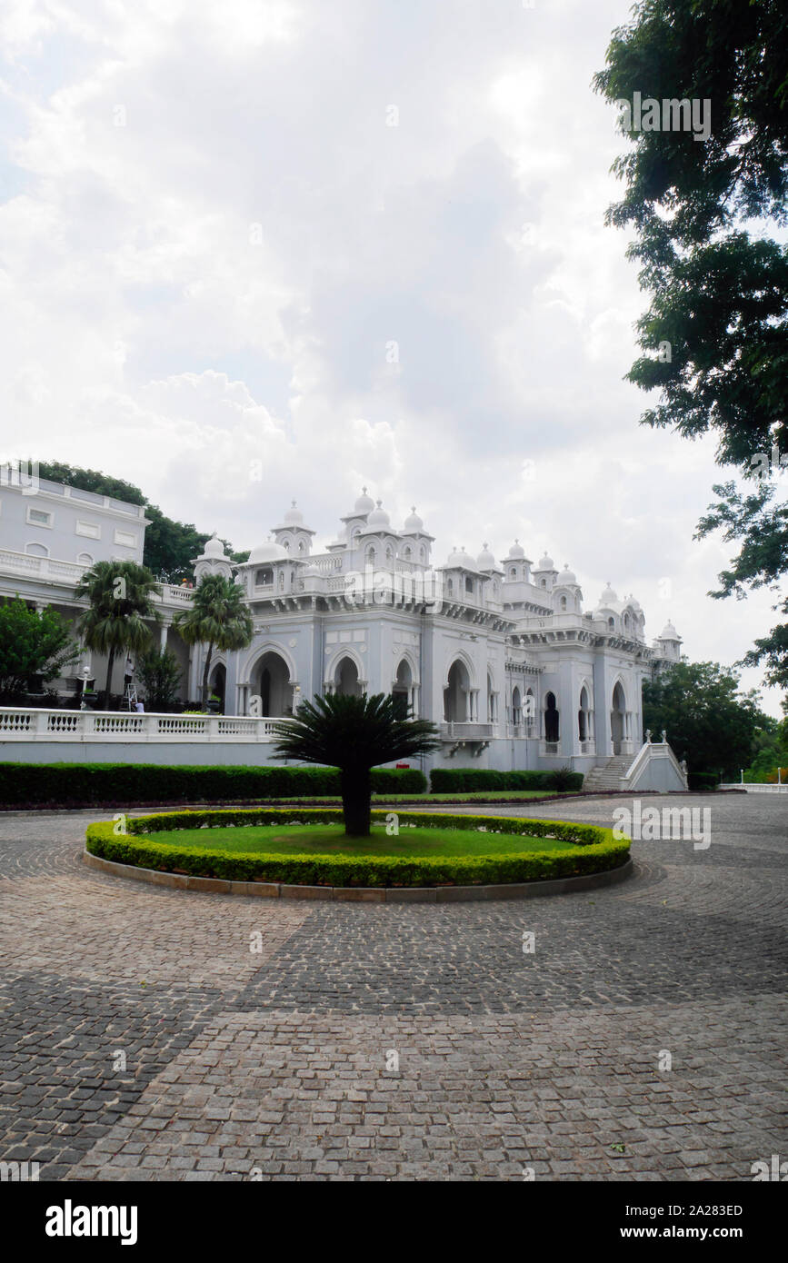 Die AUSSENFASSADE DES FALAKNUMA PALACE, Telangana Hyderabad, Indien Stockfoto