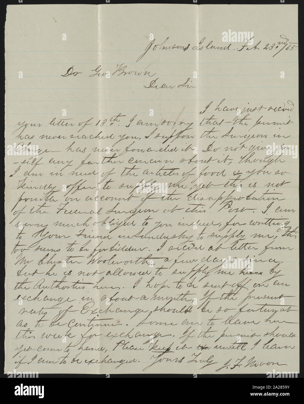 Der Gefangene Brief von J.F. Mond Dr. George Brown von Johnson Insel Gefängnis, Ohio Stockfoto