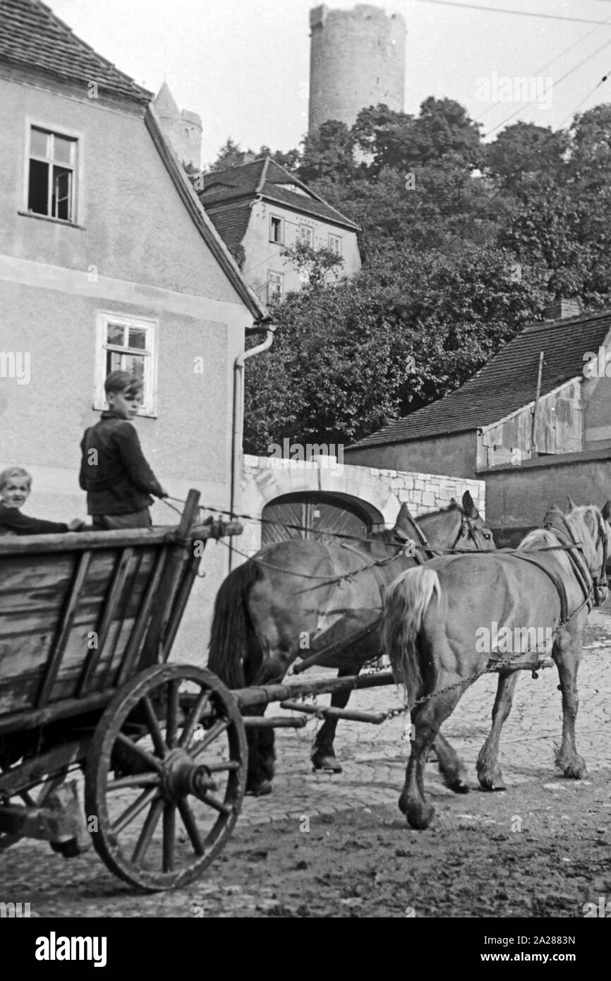 Jungen fahren ein Pferdefuhrwerk in der Ortschaft unterhalb der Burg Saaleck Saaleck im Burgenlandkreis, Deutschland 1950. Jungen, der eine von Pferden gezogene Fahrzeug im Dorf mit Saaleck Saaleck Schloss auf einem Hügel, Deutschland 1950. Stockfoto