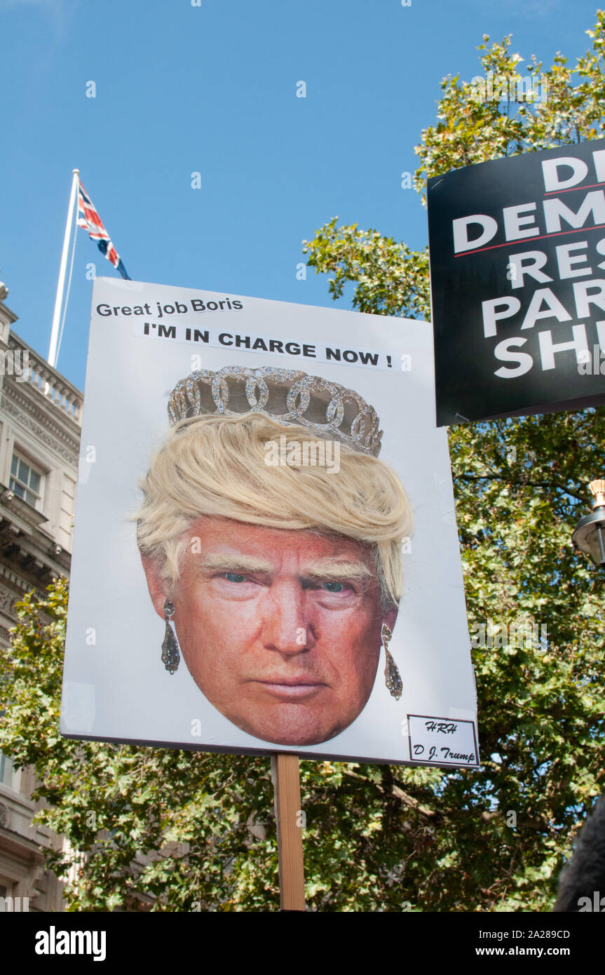 Banner von Donald Trump an Proroguing Protestmarsch Stockfoto