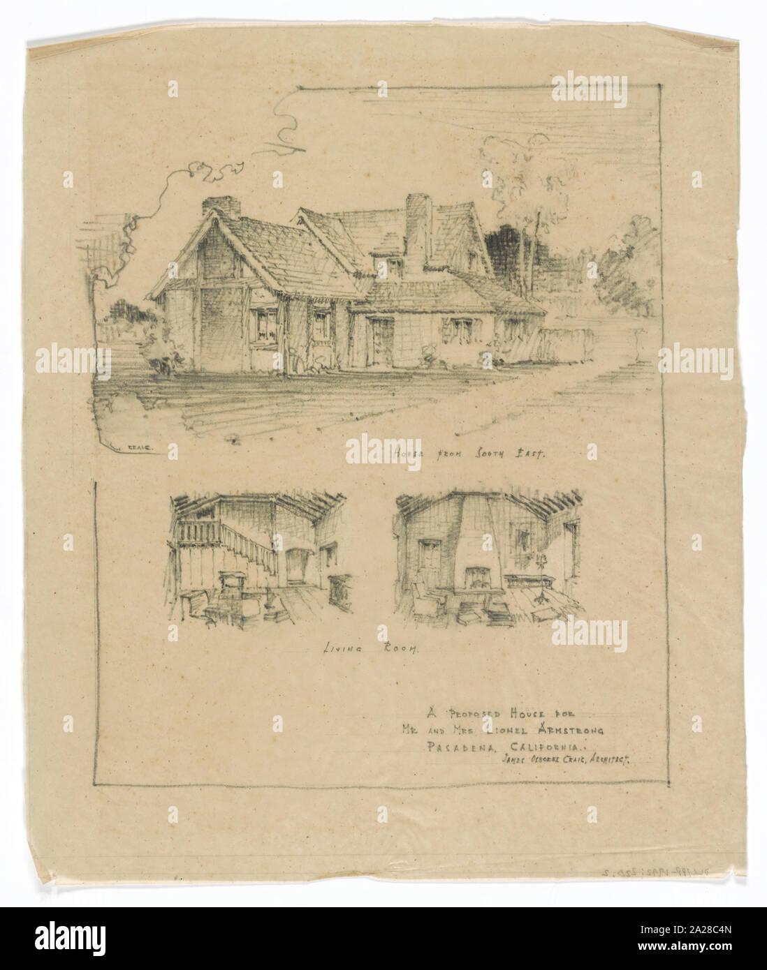 Vorgeschlagene Haus für Herr und Frau Lionel Armstrong (Pasadena, Kalifornien). Rendering und von zwei Ansichten Wohnzimmer Innen/James Osborne Craig, Architekt Stockfoto