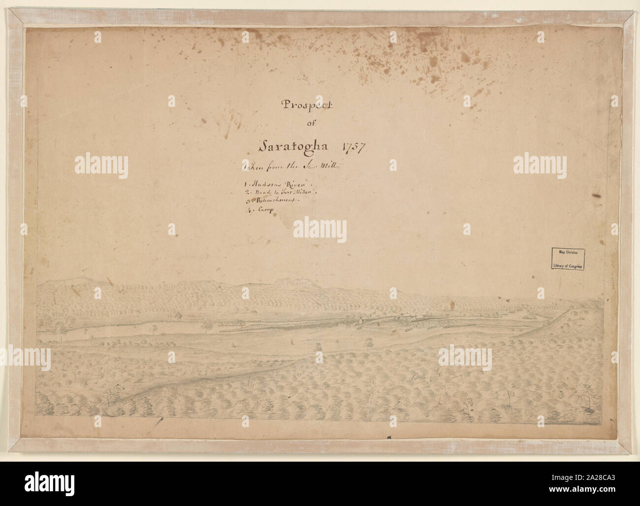 Aussicht auf Saratogha d.h. Saratoga, 1757, von der Säge Mühle 1. Hudsons Fluss; 2. Straße nach Fort Miller; 3. Einschränkung; 4. Camp. Stockfoto