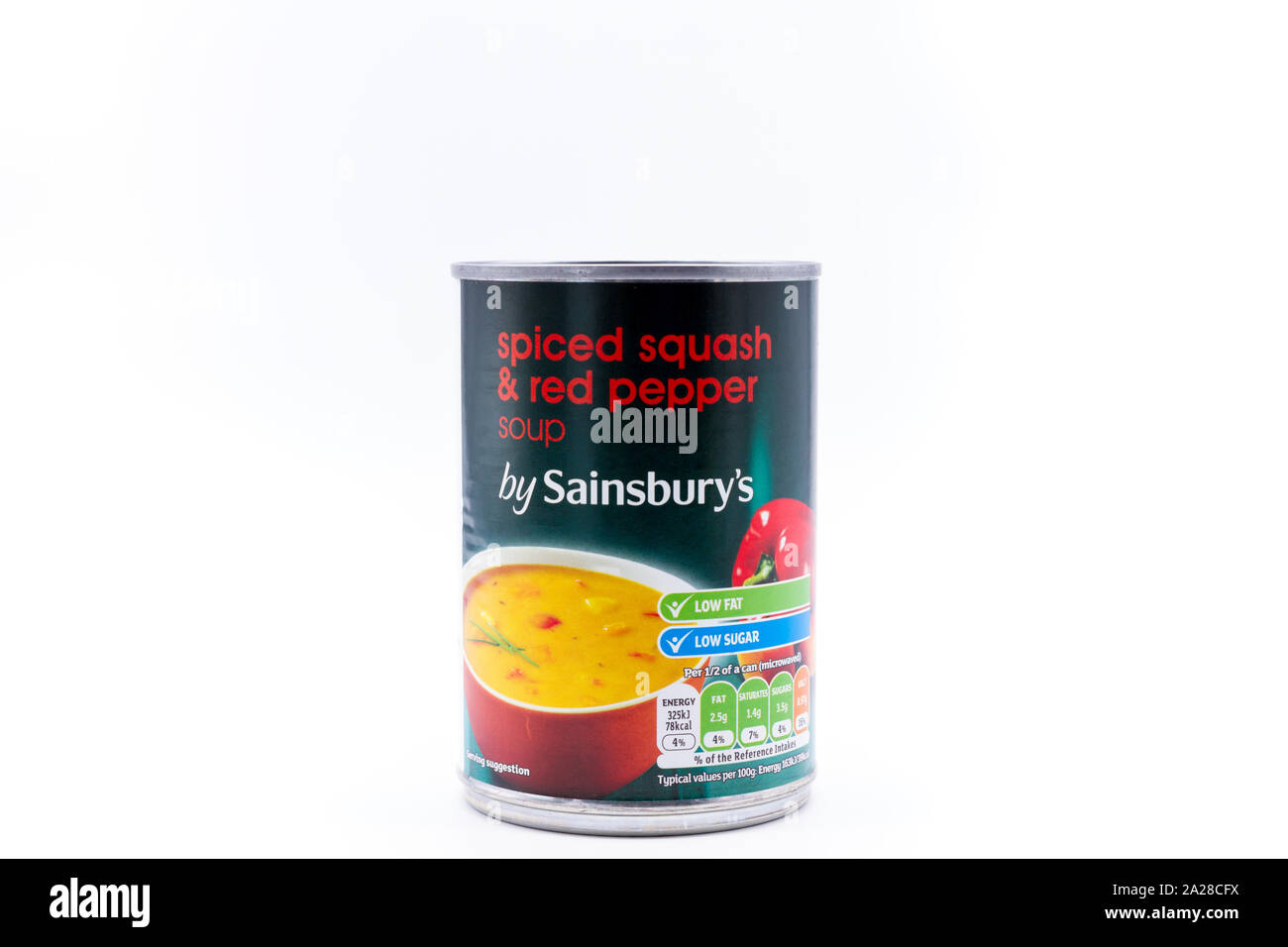 Zinn, kann der piced Squash&Sainsburys eigene Marke Red Pepper" Suppe. Großbritannien Stockfoto