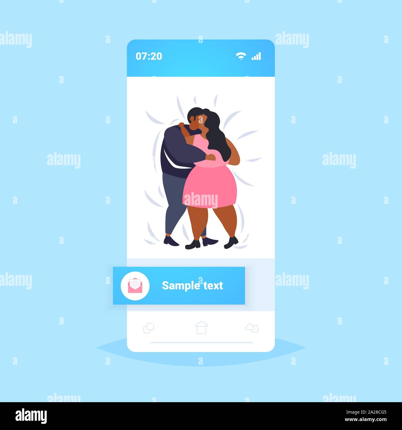 Fett fettleibig Paar tanzen zusammen Übergewicht afrikanische amerikanische Mann Frau umarmt Gewichtsverlust Adipositas Konzept der Bildschirm des Smartphones online mobile App flach Stock Vektor